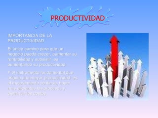 IMPORTANCIA DE LA PRODUCTIVIDAD El único camino para que un negocio pueda crecer, aumentar su rentabilidad y subsistir  es aumentando su productividad . Y el instrumento fundamental que origina una mayor productividad  es el mejoramiento continuo, hacer  mas eficientes los procesos y disminuir los costos.  PRODUCTIVIDAD 