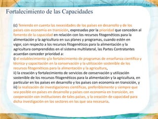 Fortalecimiento de las Capacidades

  (c) Teniendo en cuenta las necesidades de los países en desarrollo y de los
  países con economía en transición, expresadas por la prioridad que conceden al
  fomento de la capacidad en relación con los recursos fitogenéticos para la
  alimentación y la agricultura en sus planes y programas, cuando estén en
  vigor, con respecto a los recursos fitogenéticos para la alimentación y la
  agricultura comprendidos en el sistema multilateral, las Partes Contratantes
  acuerdan conceder prioridad a:
  i) el establecimiento y/o fortalecimiento de programas de enseñanza científica y
  técnica y capacitación en la conservación y la utilización sostenible de los
  recursos fitogenéticos para la alimentación y la agricultura,
  ii) la creación y fortalecimiento de servicios de conservación y utilización
  sostenible de los recursos fitogenéticos para la alimentación y la agricultura, en
  particular en los países en desarrollo y los países con economía en transición, y
  iii) la realización de investigaciones científicas, preferiblemente y siempre que
  sea posible en países en desarrollo y países con economía en transición, en
  cooperación con instituciones de tales países, y la creación de capacidad para
  dicha investigación en los sectores en los que sea necesaria.
 
