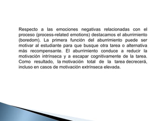 Respecto a las emociones negativas relacionadas con el
proceso (process-related emotions) destacamos el aburrimiento
(boredom). La primera función del aburrimiento puede ser
motivar al estudiante para que busque otra tarea o alternativa
más recompensante. El aburrimiento conduce a reducir la
motivación intrínseca y a escapar cognitivamente de la tarea.
Como resultado, la motivación total de la tarea decrecerá,
incluso en casos de motivación extrínseca elevada.

 