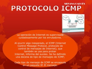 SILVANA GARCÉS




  La operación de Internet es supervisada
   cuidadosamente por los enrutadores.

Al ocurrir algo inesperado, el ICMP (Internet
   Control Message Protocol, protocolo de
   control de mensajes de Internet), que
         también se usa para probar
Internet, informa del suceso. Se ha definido
 una docena de tipo de mensajes de ICMP;

Cada tipo de mensaje de ICMP se encapsula
       en un paquete IP. El mensaje.
 