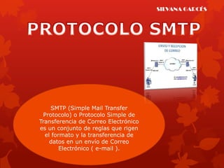 SILVANA GARCÉS




     SMTP (Simple Mail Transfer
 Protocolo) o Protocolo Simple de
Transferencia de Correo Electrónico
es un conjunto de reglas que rigen
  el formato y la transferencia de
    datos en un envío de Correo
        Electrónico ( e-mail ).
 