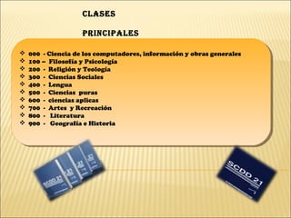 claSeS
PRinciPaleS
 000 - Ciencia de los computadores, información y obras generales
 100 – Filosofía y Psicología
 200 - Religión y Teología
 300 - Ciencias Sociales
 400 - Lengua
 500 - Ciencias puras
 600 - ciencias aplicas
 700 - Artes y Recreación
 800 - Literatura
 900 - Geografía e Historia
 000 - Ciencia de los computadores, información y obras generales
 100 – Filosofía y Psicología
 200 - Religión y Teología
 300 - Ciencias Sociales
 400 - Lengua
 500 - Ciencias puras
 600 - ciencias aplicas
 700 - Artes y Recreación
 800 - Literatura
 900 - Geografía e Historia
 