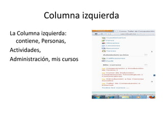Columna izquierda
La Columna izquierda:
  contiene, Personas,
Actividades,
Administración, mis cursos
 