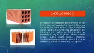 LADRILLO HUECO 
Son ladrillos con taladros generalmente en las 
testas, aunque también los pueden tener en 
las tablas y cantos en los cuales el volumen 
de los taladros no cumple las condiciones de 
los macizos y perforados. Estos ladrillos se 
denominan según su grueso rasillas, ladrillo 
hueco, ladrillo doble hueco, etcétera. 
También los hay en tres calidades, 1, 2 y 3 y su 
resistencia puede ser entre 30 y 150 kg/cm. 
 