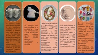 Se conoce como 
"porcelana blanda" 
a un producto 
cerámico que es 
vidriado y blanco 
pero que cuece a 
una temperatura 
mucho más baja 
que la porcelana o 
"porcelana dura", se 
trata de una masa 
que es 
relativamente 
pobre en sustancias 
arcillosas y rica en 
contenido cuarzo y 
de feldespato. 
Se designa con 
este nombre a la 
porcelana muy 
rica en feldespato 
y que se emplea 
para moldear 
figuras, dando 
unos colores 
blancos 
amarfilados 
semejante al 
mármol. 
Desde que se conoció 
la porcelana en 
Europa, Inglaterra 
siempre trató de 
producir una 
porcelana lo más 
parecida a la que 
llegaba de oriente, así 
creó una porcelana 
traslúcida y muy 
vidriada, La 
temperatura de 
cocción del 
bizcochado es 
relativamente baja,, 
aunque mayor que la 
del barnizado. 
Con este nombre se 
designan a pastas 
que también se 
denominan 
porcelanas pero su 
temperatura de 
cocción es muy baja 
entre 1100 y 1200º 
C., esto se consigue 
sustituyendo parcial 
o totalmente el 
feldespato por 
materiales aún más . 
En la actualidad 
existen unos 
productos que se han 
dado en llamar 
"porcelana fría", 
usados en cursos y 
talleres de en 
manualidades, 
impartido y 
adecuado para niños 
de todas las edades 
y personas con 
inquietudes 
artesanales. 
La porcelana fría, 
está compuesta por 
cola de vinilo y fécula 
de maíz. 
