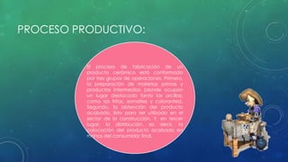 PROCESO PRODUCTIVO: 
El proceso de fabricación de un 
producto cerámico está conformado 
por tres grupos de operaciones. Primero, 
la preparación de materias primas y 
productos intermedios (donde ocupan 
un lugar destacado tanto las arcillas, 
como las fritas, esmaltes y colorantes). 
Segundo, la obtención del producto 
acabado, listo para ser utilizado en el 
sector de la construcción. Y, en tercer 
lugar, la distribución, es decir, la 
colocación del producto acabado en 
manos del consumidor final. 
 