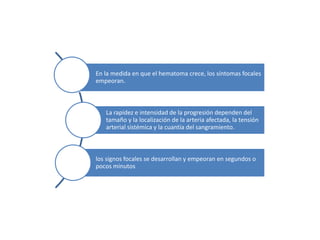 En la medida en que el hematoma crece, los síntomas focales
empeoran.
La rapidez e intensidad de la progresión dependen del
tamaño y la localización de la arteria afectada, la tensión
arterial sistémica y la cuantía del sangramiento.
los signos focales se desarrollan y empeoran en segundos o
pocos minutos
 