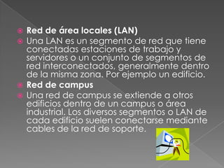 Red de área locales (LAN)Una LAN es un segmento de red que tiene conectadas estaciones de trabajo y servidores o un conjunto de segmentos de red interconectados, generalmente dentro de la misma zona. Por ejemplo un edificio.Red de campusUna red de campus se extiende a otros edificios dentro de un campus o área industrial. Los diversos segmentos o LAN de cada edificio suelen conectarse mediante cables de la red de soporte.