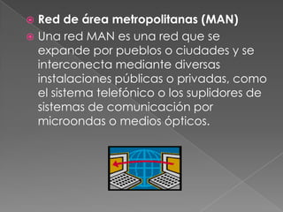 Red de área metropolitanas (MAN)Una red MAN es una red que se expande por pueblos o ciudades y se interconecta mediante diversas instalaciones públicas o privadas, como el sistema telefónico o los suplidores de sistemas de comunicación por microondas o medios ópticos.