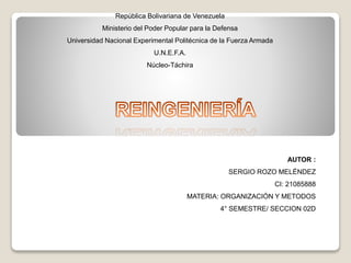 República Bolivariana de Venezuela
Ministerio del Poder Popular para la Defensa
Universidad Nacional Experimental Politécnica de la Fuerza Armada
U.N.E.F.A.
Núcleo-Táchira
AUTOR :
SERGIO ROZO MELÉNDEZ
CI: 21085888
MATERIA: ORGANIZACIÓN Y METODOS
4° SEMESTRE/ SECCION 02D
 