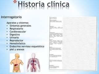* 
Interrogatorio 
Aparatos y sistemas 
• Síntomas generales 
• Respiratorio 
• Cardiovascular 
• Digestivo 
• Urinario 
• Reproductor 
• Hemolinfatico 
• Endocrino nervioso esquelético 
• piel y anexos 
 