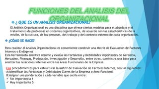 El Análisis Organizacional es una disciplina que ofrece ciertos modelos para el abordaje y el
tratamiento de problemas en sistemas organizativos, de acuerdo con las características de la
misión, de la cultura, de las personas, del trabajo y del contexto externo de cada organización.
Para realizar el Análisis Organizacional es conveniente construir una Matriz de Evaluación de Factores
Internos o Endógenos
Esta herramienta analítica resume y evalúa las Fortalezas y Debilidades importantes de Gerencia,
Mercadeo, Finanzas, Producción, Investigación y Desarrollo, entre otras, suministra una base para
analizar las relaciones internas entre las Áreas Funcionales de la Empresa.
Los procedimientos para estructurar la Matriz de Evaluación de Factores Internos, son las siguientes:
A:Identificar las Fortalezas y Debilidades Claves de la Empresa o Área Funcional
B:Asignar una ponderación a cada variable que oscila entre:
 Sin importancia 1
 Muy importante 5
 