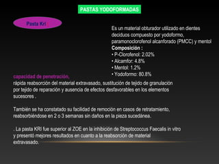 Pasta Kri (
Es un material obturador utilizado en dientes
deciduos compuesto por yodoformo,
paramonoclorofenol alcanforado (PMCC) y mentol
Composición :
• P-Clorofenol: 2.02%
• Alcamfor: 4.8%
• Mentol: 1.2%
• Yodoformo: 80.8%capacidad de penetración,
rápida reabsorción del material extravasado, sustitución de tejido de granulación
por tejido de reparación y ausencia de efectos desfavorables en los elementos
sucesores .
También se ha constatado su facilidad de remoción en casos de retratamiento,
reabsorbiéndose en 2 o 3 semanas sin daños en la pieza sucedánea.
. La pasta KRI fue superior al ZOE en la inhibición de Streptococcus Faecalis in vitro
y presentó mejores resultados en cuanto a la reabsorción de material
extravasado.
PASTAS YODOFORMADAS
 
