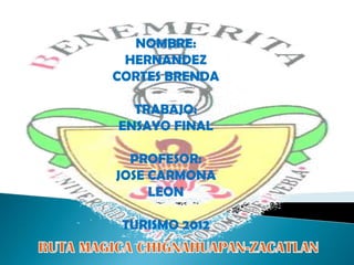 NOMBRE:
 HERNANDEZ
CORTES BRENDA

  TRABAJO:
ENSAYO FINAL

  PROFESOR:
JOSE CARMONA
     LEON

 TURISMO 2012
 