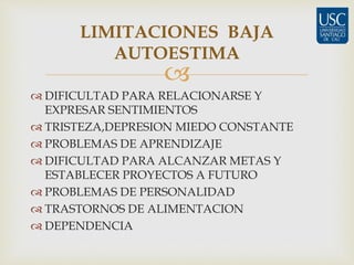 LIMITACIONES BAJA 
AUTOESTIMA 
 
 DIFICULTAD PARA RELACIONARSE Y 
EXPRESAR SENTIMIENTOS 
 TRISTEZA,DEPRESION MIEDO CONSTANTE 
 PROBLEMAS DE APRENDIZAJE 
 DIFICULTAD PARA ALCANZAR METAS Y 
ESTABLECER PROYECTOS A FUTURO 
 PROBLEMAS DE PERSONALIDAD 
 TRASTORNOS DE ALIMENTACION 
 DEPENDENCIA 
 
