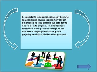 Es importante inmiscuirse este caso y buscarle
soluciones que lleven a la armonía y al buen
desempeño de cada persona que este dentro
no solo de esta empresa, sino de donde se
relacione a diario para que consigo no sea
expuesto a riesgos psicosociales que le
perjudiquen el día a día de su vida personal.
 
