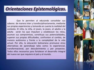 Orientaciones Epistemológicas.
Que le permiten al educando consolidar sus
saberes de manera inter y trandisciplinariamente, mediante
sus propias experiencias y tomando en cuenta la realidad del
contexto. El niño, la niña, el joven, la joven, el adulto y la
adulta serán los que impulsen y establezcan los retos,
asuman sus compromisos, constituya sus potencialidades,
superen sus propias dificultades, confronten el cambio, de
manera autónoma y frente a la complejidad de la vida
actual. Por ello, la educación bolivariana promueve otras
alternativas de aprendizaje tales como: lo experiencial,
transformacional, por descubrimiento y por proyectos.
Todos ellos necesarios para fortalecer el desarrollo integral
del nuevo ser que requiere el país y el mundo.

 
