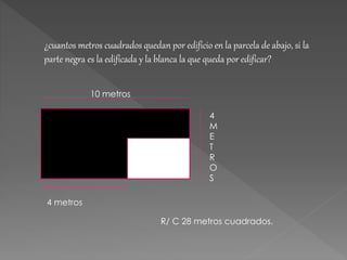 ¿cuantos metros cuadrados quedan por edificio en la parcela de abajo, si la
parte negra es la edificada y la blanca la que queda por edificar?
R/ C 28 metros cuadrados.
10 metros
4
M
E
T
R
O
S
4 metros
 