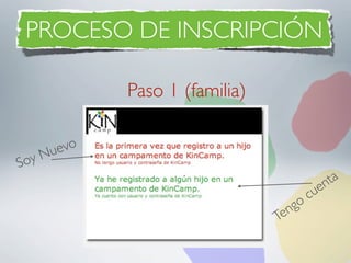 PROCESO DE INSCRIPCIÓN

                Paso 1 (familia)


       Nu evo
S oy
                                                n ta
                                            c ue
                                       go
                                   Ten
 