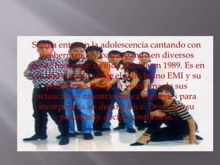  Selena entra en la adolescencia cantando con
sus hermanos y participando en diversos
shows hasta que su vida cambia en 1989. Es en
ese año cuando surge el sello latino EMI y su
presidente, Behar, la ve en una de sus
actuaciones mientras busca cantantes para
incorporar a su discográfica. Descubre su
potencial y decide contratarla.
 