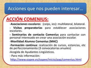 Acciones que nos pueden interesar…

ACCIÓN COMENIUS:
  -Asociaciones escolares: (ceips, ies): multilateral, bilateral.
  - Visitas preparatorias para establecer asociaciones
  escolares.
  - Seminarios de contacto Comenius para contactar con
  personal interesado en crear una asociación escolar.
  -Movilidad Alumno Comenius (MAC)
  -Formación continua: realización de cursos, estancias, etc
  de perfeccionamiento (3 convocatorias anuales)
 -Acogida de Ayudantes Lingüísticos.
  - Para más información:
   http://www.oapee.es/oapee/inicio/pap/comenius.html
 