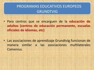 PROGRAMAS EDUCATIVOS EUROPEOS
                GRUNDTVIG

• Para centros que se encarguen de la educación de
  adultos (centros de educación permanente, escuelas
  oficiales de idiomas, etc)

• Las asociaciones de aprendizaje Grundtvig funcionan de
  manera similar a las asociaciones multilaterales
  Comenius.
 