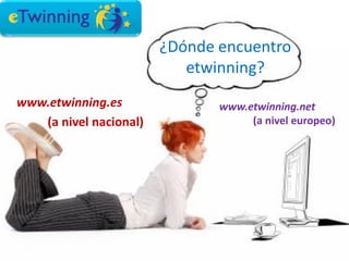 ¿Dónde encuentro
                           etwinning?
www.etwinning.es               www.etwinning.net
   (a nivel nacional)               (a nivel europeo)
 