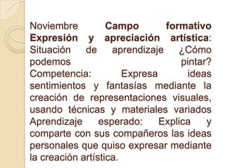 Noviembre Campo formativo
Expresión y apreciación artística:
Situación de aprendizaje ¿Cómo
podemos pintar?
Competencia: Expresa ideas
sentimientos y fantasías mediante la
creación de representaciones visuales,
usando técnicas y materiales variados
Aprendizaje esperado: Explica y
comparte con sus compañeros las ideas
personales que quiso expresar mediante
la creación artística.
 
