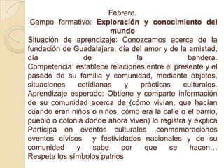 Febrero.
Campo formativo: Exploración y conocimiento del
mundo
Situación de aprendizaje: Conozcamos acerca de la
fundación de Guadalajara, día del amor y de la amistad,
día de la bandera.
Competencia: establece relaciones entre el presente y el
pasado de su familia y comunidad, mediante objetos,
situaciones cotidianas y prácticas culturales.
Aprendizaje esperado: Obtiene y comparte información
de su comunidad acerca de (cómo vivían, que hacían
cuando eran niños o niños, cómo era la calle o el barrio,
pueblo o colonia donde ahora viven) lo registra y explica
Participa en eventos culturales ,conmemoraciones
eventos cívicos y festividades nacionales y de su
comunidad y sabe por que se hacen…
Respeta los símbolos patrios
 