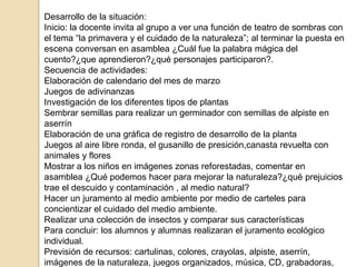 Desarrollo de la situación:
Inicio: la docente invita al grupo a ver una función de teatro de sombras con
el tema “la primavera y el cuidado de la naturaleza”; al terminar la puesta en
escena conversan en asamblea ¿Cuál fue la palabra mágica del
cuento?¿que aprendieron?¿qué personajes participaron?.
Secuencia de actividades:
Elaboración de calendario del mes de marzo
Juegos de adivinanzas
Investigación de los diferentes tipos de plantas
Sembrar semillas para realizar un germinador con semillas de alpiste en
aserrín
Elaboración de una gráfica de registro de desarrollo de la planta
Juegos al aire libre ronda, el gusanillo de presición,canasta revuelta con
animales y flores
Mostrar a los niños en imágenes zonas reforestadas, comentar en
asamblea ¿Qué podemos hacer para mejorar la naturaleza?¿qué prejuicios
trae el descuido y contaminación , al medio natural?
Hacer un juramento al medio ambiente por medio de carteles para
concientizar el cuidado del medio ambiente.
Realizar una colección de insectos y comparar sus características
Para concluir: los alumnos y alumnas realizaran el juramento ecológico
individual.
Previsión de recursos: cartulinas, colores, crayolas, alpiste, aserrín,
imágenes de la naturaleza, juegos organizados, música, CD, grabadoras,
 
