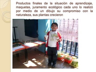 Productos finales de la situación de aprendizaje,
maquetas, juramento ecológico cada uno lo realizó
por medio de un dibujo su compromiso con la
naturaleza, sus plantas crecieron
 