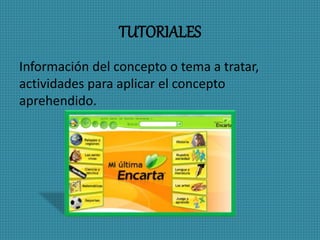 TUTORIALES
Información del concepto o tema a tratar,
actividades para aplicar el concepto
aprehendido.
 