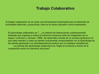 Trabajo Colaborativo


El trabajo colaborativo es sin duda una herramienta fundamental para el desarrollo de
actividades efectivas y productivas, tanto en el sector educativo como empresarial.


  El aprendizaje colaborativo es ".....un sistema de interacciones cuidadosamente
  diseñado que organiza e induce la influencia recíproca entre los integrantes de un
  equipo."(Johnson y Johnson, 1998). Se desarrolla a través de un proceso gradual en el
  que cada miembro y todos se sienten mutuamente comprometidos con el aprendizaje de
  los demás generando una interdependencia positiva que no implique competencia.
  ·     La premisa del aprendizaje colaborativo es "llegar al consenso a través de la
  cooperación entre los miembros del grupo".
 