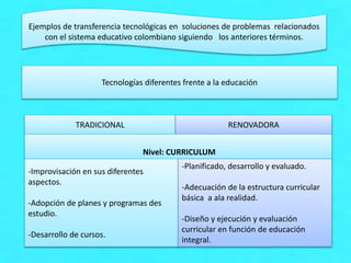 Ejemplos de transferencia tecnológicas en soluciones de problemas relacionados
con el sistema educativo colombiano siguiendo los anteriores términos.
Tecnologías diferentes frente a la educación
TRADICIONAL RENOVADORA
Nivel: CURRICULUM
-Improvisación en sus diferentes
aspectos.
-Adopción de planes y programas des
estudio.
-Desarrollo de cursos.
-Planificado, desarrollo y evaluado.
-Adecuación de la estructura curricular
básica a ala realidad.
-Diseño y ejecución y evaluación
curricular en función de educación
integral.
 