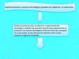Experimentación y avances tecnológicos guiados por objetivos en educación
Desde mi punto de vista, al referirnos a experimentación
tecnológica también hay que decir que de estos experimentos se
producen los avances tecnológicos entonces estos dos conceptos
en si van unidos. Es por ello que los relacione entre si para
mostrar el siguiente contenido.
 