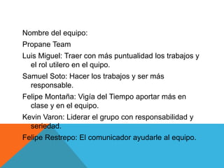 Nombre del equipo:
Propane Team
Luis Miguel: Traer con más puntualidad los trabajos y
el rol utilero en el quipo.
Samuel Soto: Hacer los trabajos y ser más
responsable.
Felipe Montaña: Vigía del Tiempo aportar más en
clase y en el equipo.
Kevin Varon: Liderar el grupo con responsabilidad y
seriedad.
Felipe Restrepo: El comunicador ayudarle al equipo.
 