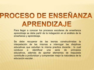 Para llegar a conocer los procesos escolares de enseñanza
aprendizaje se debe partir de la indagación en el análisis de la
enseñanza y aprendizaje.
Se debe recuperar de las teorias constructivistas la
interpelación de las mismas e interrogar las disiplinas
educativas que estudian la misma practica docente ; lo cual
conduce
a
identificar
una
serie
de
principios
educativos, además de aportar elementos de respuesta
contribulle a profundizar y comprender mejor la naturaleza de la
educación escolar .

 