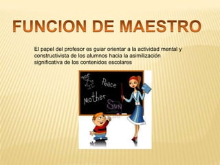 El papel del profesor es guiar orientar a la actividad mental y
constructivista de los alumnos hacia la asimilización
significativa de los contenidos escolares

 