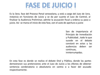 Es la 3era. fase del Proceso Penal venezolano, y está a cargo del Juez de 1era.
instancia en funciones de Juicio y se da por cuanto el Juez de Control, al
finalizar la Audiencia Preliminar, admite la acusación fiscal y ordena su paso a
juicio. Así se marca el inicio de esta fase, con el auto de apertura a juicio
En esta fase es donde se realiza el debate Oral y Público, donde las partes
demostraran sus pretensiones ante el Juez de Juicio a los efectos de obtener
sentencia condenatoria o absolutoria en contra o a favor del acusado
respectivamente.
Son de importancia el
Principio de Inmediación
y Publicidad , todo lo que
sucede en el debate
constará en actas y las
audiencias deben ser
continuas,
ininterrumpidas.
 
