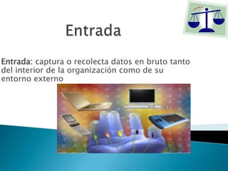 Entrada: captura o recolecta datos en bruto tanto
del interior de la organización como de su
entorno externo
 