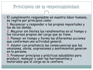 Principios de la responsabilidad:

 El cumplimiento responsable en nuestra labor humana,
 se regiría por principios como:
 1. Reconocer y responder a las propias inquietudes y
 las de los demás.
 2. Mejorar sin límites los rendimientos en el tiempo y
 los recursos propios del cargo que se tiene.
 3. Planear en tiempo y forma las diferentes acciones
 que conforman una actividad general.
 4. Asumir con prestancia las consecuencias que las
 omisiones, obras, expresiones y sentimientos generan
 en la persona.
 5. Promover principios y prácticas saludables para
 producir, manejar y usar las herramientas y
 materiales que al cargo se le confiere.
 