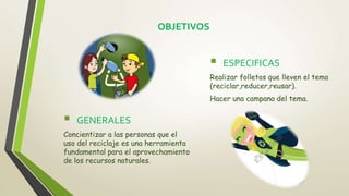 OBJETIVOS
 GENERALES
Concientizar a las personas que el
uso del reciclaje es una herramienta
fundamental para el aprovechamiento
de los recursos naturales.
 ESPECIFICAS
Realizar folletos que lleven el tema
(reciclar,reducer,reusar).
Hacer una campana del tema.
 