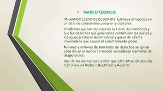  MARCOTEORICO
UN MUNDO LLENO DE DESECHOS: Estamos atrapados en
un ciclo de consumismo,comprar y desechar.
Olvidamos que los recursos de la tierra son limitados y
que los desechos que generamos contaminan los suelos y
las aguas,producen malos olores y gases de efecto
invernadero que causan el calentamiento global.
Millones y millones de toneladas de desechos se apilan
cada dia en el mundo formando verdaderas montañas de
desperdicios.
Una de las salidas para evitar que esta situación sea aún
más grave es Reducir,Reutilizar y Reciclar.
 
