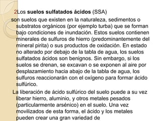 2Los suelos sulfatados ácidos (SSA)
son suelos que existen en la naturaleza, sedimentos o
   substratos orgánicos (por ejemplo turba) que se forman
   bajo condiciones de inundación. Estos suelos contienen
   minerales de sulfuros de hierro (predominantemente del
   mineral pirita) o sus productos de oxidación. En estado
   no alterado por debajo de la tabla de agua, los suelos
   sulfatados ácidos son benignos. Sin embargo, si los
   suelos se drenan, se excavan o se exponen al aire por
   desplazamiento hacia abajo de la tabla de agua, los
   sulfuros reaccionarán con el oxígeno para formar ácido
   sulfúrico.
 La liberación de ácido sulfúrico del suelo puede a su vez
   liberar hierro, aluminio, y otros metales pesados
   (particularmente arsénico) en el suelo. Una vez
   movilizados de esta forma, el ácido y los metales
   pueden crear una gran variedad de
 