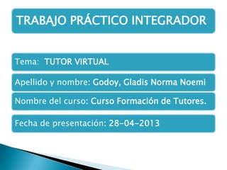 Tema: TUTOR VIRTUAL
Apellido y nombre: Godoy, Gladis Norma Noemi
Nombre del curso: Curso Formación de Tutores.
Fecha de presentación: 28-04-2013
TRABAJO PRÁCTICO INTEGRADOR
 