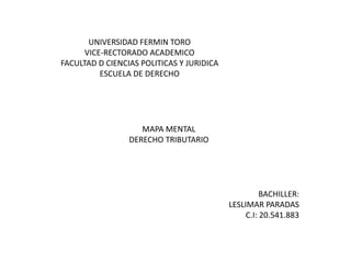 UNIVERSIDAD FERMIN TORO
VICE-RECTORADO ACADEMICO
FACULTAD D CIENCIAS POLITICAS Y JURIDICA
ESCUELA DE DERECHO
MAPA MENTAL
DERECHO TRIBUTARIO
BACHILLER:
LESLIMAR PARADAS
C.I: 20.541.883
 