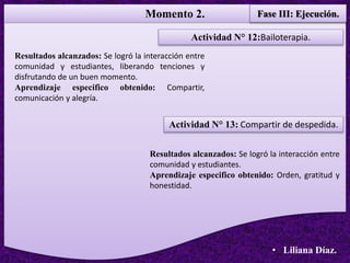 Momento 2. Fase III: Ejecución.
• Liliana Díaz.
Actividad N° 12:Bailoterapia.
Resultados alcanzados: Se logró la interacción entre
comunidad y estudiantes, liberando tenciones y
disfrutando de un buen momento.
Aprendizaje especifico obtenido: Compartir,
comunicación y alegría.
Actividad N° 13: Compartir de despedida.
Resultados alcanzados: Se logró la interacción entre
comunidad y estudiantes.
Aprendizaje especifico obtenido: Orden, gratitud y
honestidad.
 