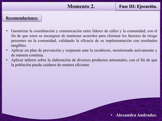 Momento 2. Fase III: Ejecución.
• Alexandra Andrades.
Recomendaciones:
• Garantizar la coordinación y comunicación entre líderes de calles y la comunidad; con el
fin de que estos se encarguen de mantener acuerdos para eliminar los factores de riesgo
presentes en la comunidad, validando la eficacia de su implementación con resultados
tangibles.
• Aplicar un plan de prevención y respuesta ante la escabiosis, monitoreado activamente y
de manera continua.
• Aplicar talleres sobre la elaboración de diversos productos artesanales, con el fin de que
la población pueda cuidarse de manera eficiente.
 