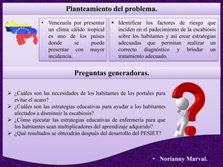 Planteamiento del problema.
• Venezuela por presentar
un clima cálido tropical
es uno de los países
donde se puede
presentar con mayor
incidencia.
 Identificar los factores de riesgo que
inciden en el padecimiento de la escabiosis
sobre los habitantes y así crear estrategias
adecuadas que permitan realizar un
correcto diagnóstico y brindar un
tratamiento adecuado.
 ¿Cuáles son las necesidades de los habitantes de los portales para
evitar el acaro?
 ¿Cuáles son las estrategias educativas para ayudar a los habitantes
afectados a disminuir la escabiosis?
 ¿Cómo ejecutar las estrategias educativas de enfermería para que
los habitantes sean multiplicadores del aprendizaje adquirido?
 ¿Qué resultados se obtendrán después del desarrollo del PESIET?
Preguntas generadoras.
• Norianny Marval.
 