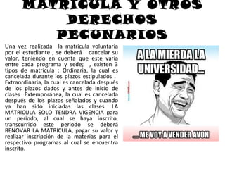 MATRICULA Y OTROS
          DERECHOS
         PECUNARIOS
Una vez realizada la matricula voluntaria
por el estudiante , se deberá cancelar su
valor, teniendo en cuenta que este varia
entre cada programa y sede; , existen 3
tipos de matricula : Ordinaria, la cual es
cancelada durante los plazos estipulados .
Extraordinaria, la cual es cancelada después
de los plazos dados y antes de inicio de
clases Extemporánea, la cual es cancelada
después de los plazos señalados y cuando
ya han sido iniciadas las clases. LA
MATRICULA SOLO TENDRA VIGENCIA para
un periodo, al cual se haya inscrito,
transcurrido este periodo se deberá
RENOVAR LA MATRICULA, pagar su valor y
realizar inscripción de la materias para el
respectivo programas al cual se encuentra
inscrito.
 